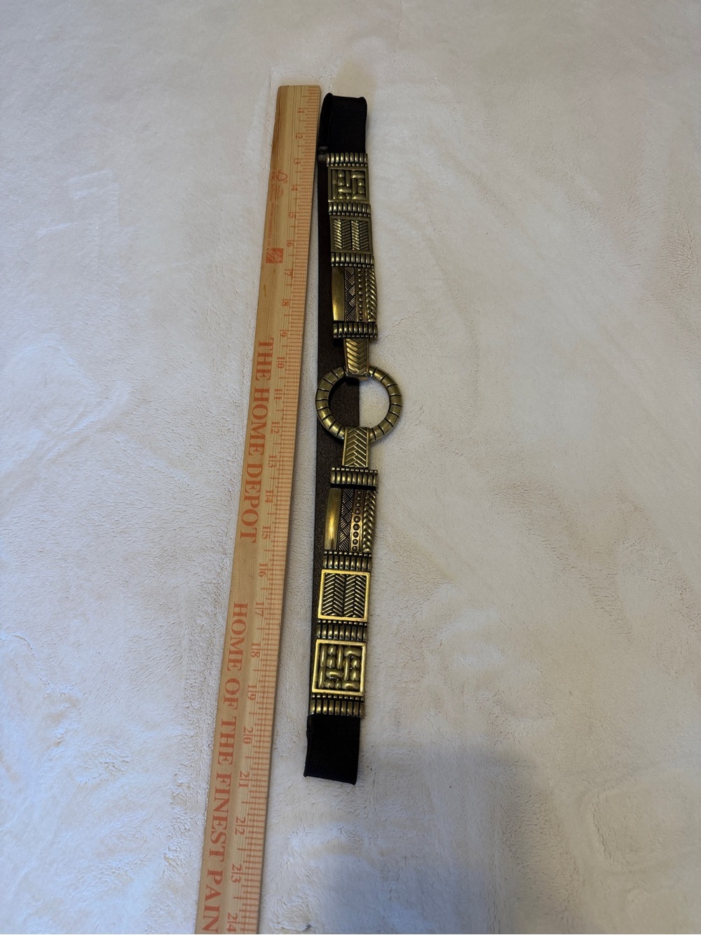 Vintage Browm Elastic Belt with Gold-Tone Geometric Metal Panels